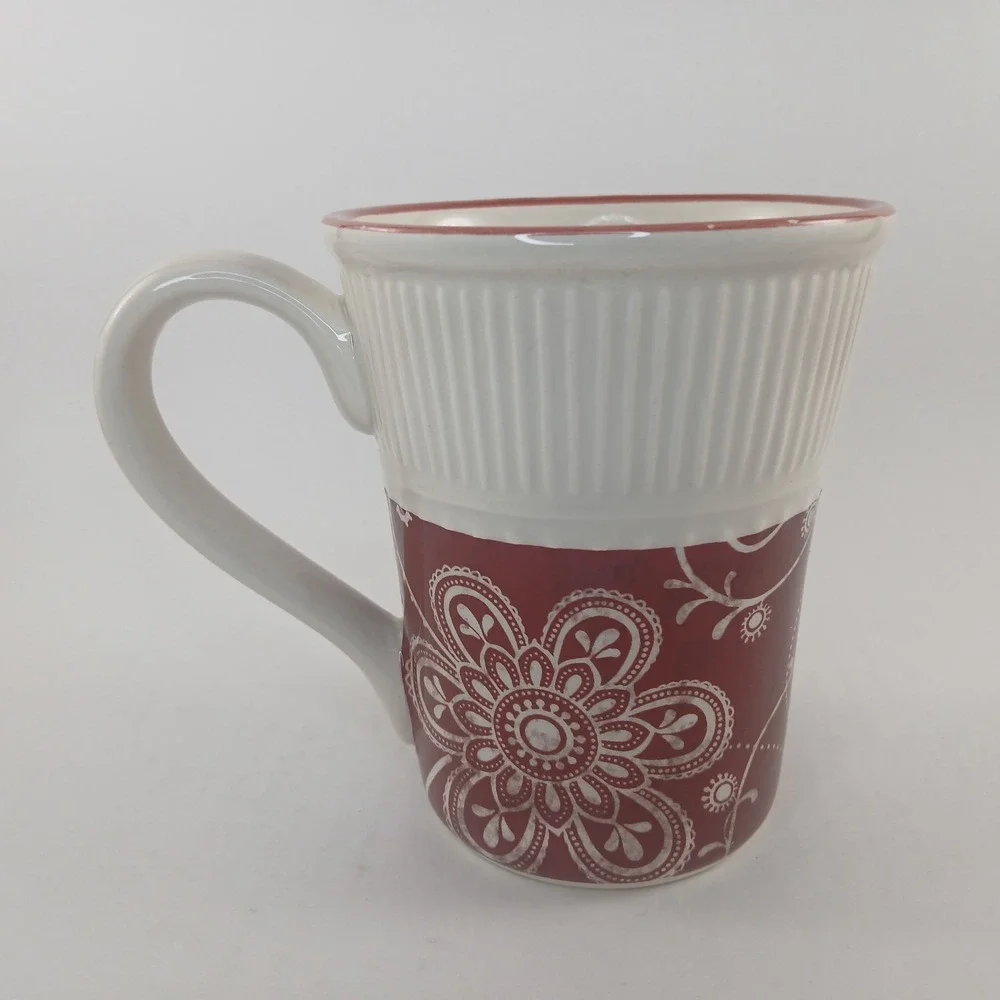 Pier 1 Imports Maribeth Cup Mug Coffee Tea Red Beige Floral Flowers